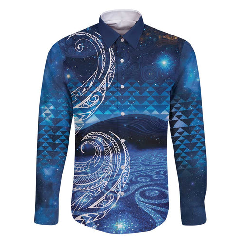 New Zealand Matariki Family Matching Long Sleeve Bodycon Dress and Hawaiian Shirt Taniko Aramoana With Koru Galaxy Sky Night