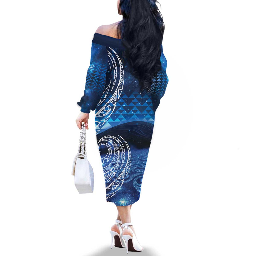 New Zealand Matariki Family Matching Off The Shoulder Long Sleeve Dress and Hawaiian Shirt Taniko Aramoana With Koru Galaxy Sky Night