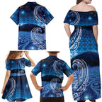 New Zealand Matariki Family Matching Off Shoulder Maxi Dress and Hawaiian Shirt Taniko Aramoana With Koru Galaxy Sky Night