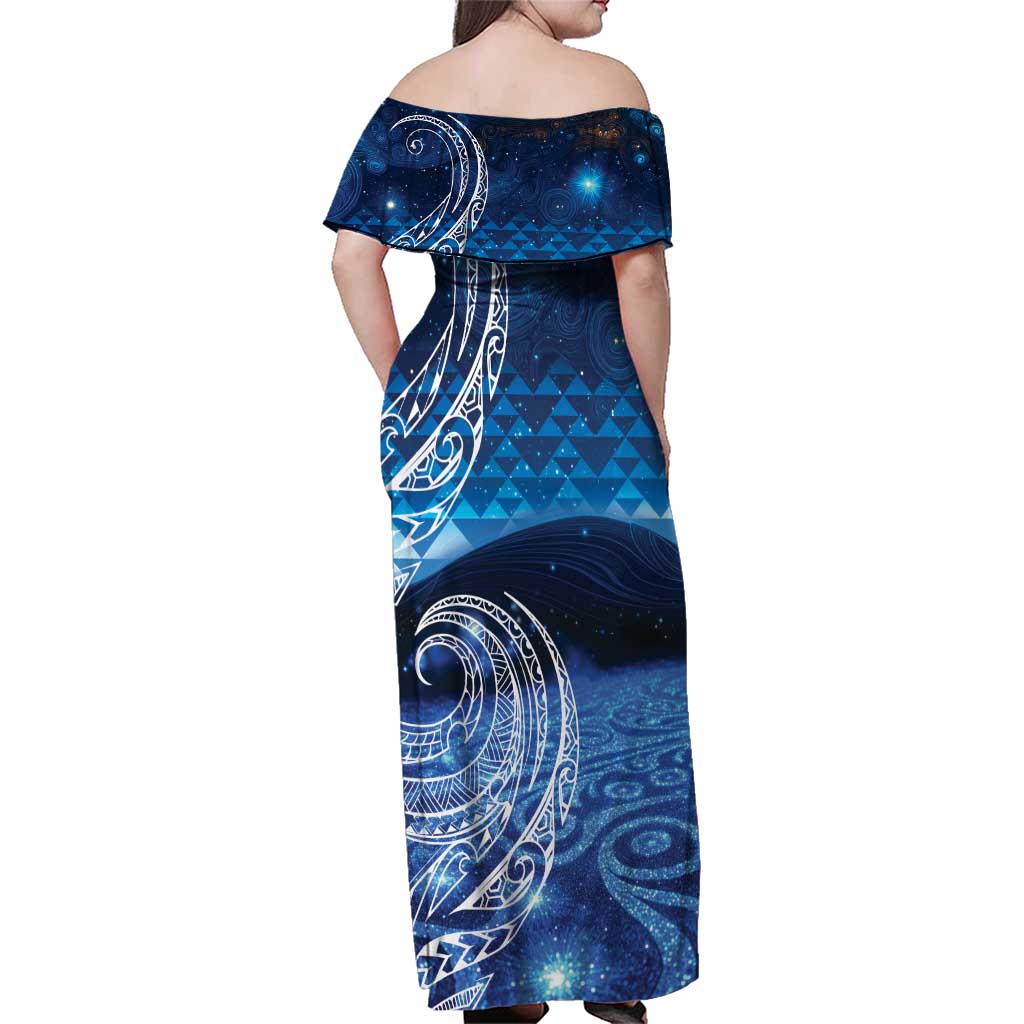New Zealand Matariki Family Matching Off Shoulder Maxi Dress and Hawaiian Shirt Taniko Aramoana With Koru Galaxy Sky Night