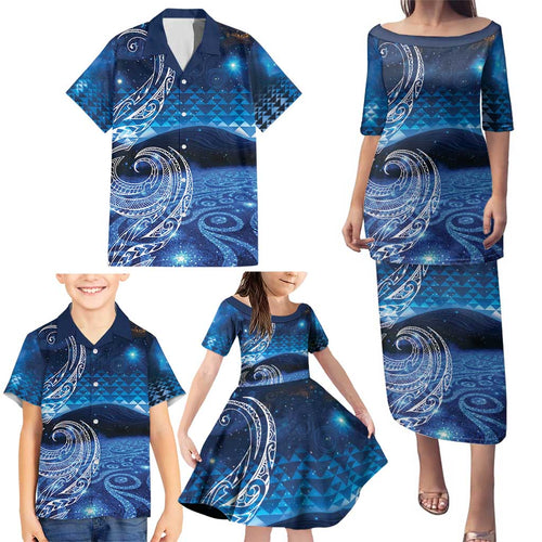 New Zealand Matariki Family Matching Puletasi and Hawaiian Shirt Taniko Aramoana With Koru Galaxy Sky Night