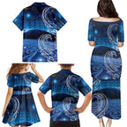 New Zealand Matariki Family Matching Puletasi and Hawaiian Shirt Taniko Aramoana With Koru Galaxy Sky Night