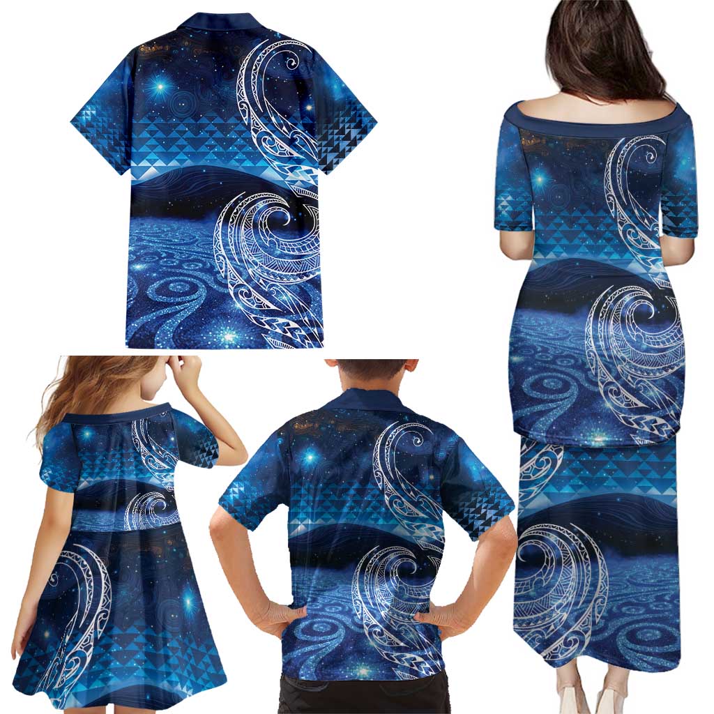 New Zealand Matariki Family Matching Puletasi and Hawaiian Shirt Taniko Aramoana With Koru Galaxy Sky Night