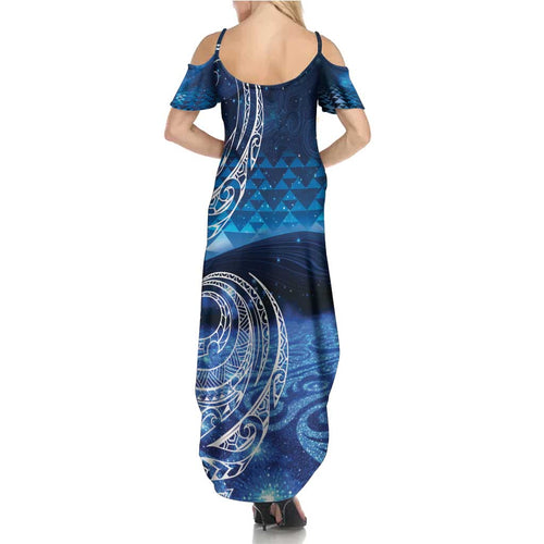 New Zealand Matariki Family Matching Summer Maxi Dress and Hawaiian Shirt Taniko Aramoana With Koru Galaxy Sky Night