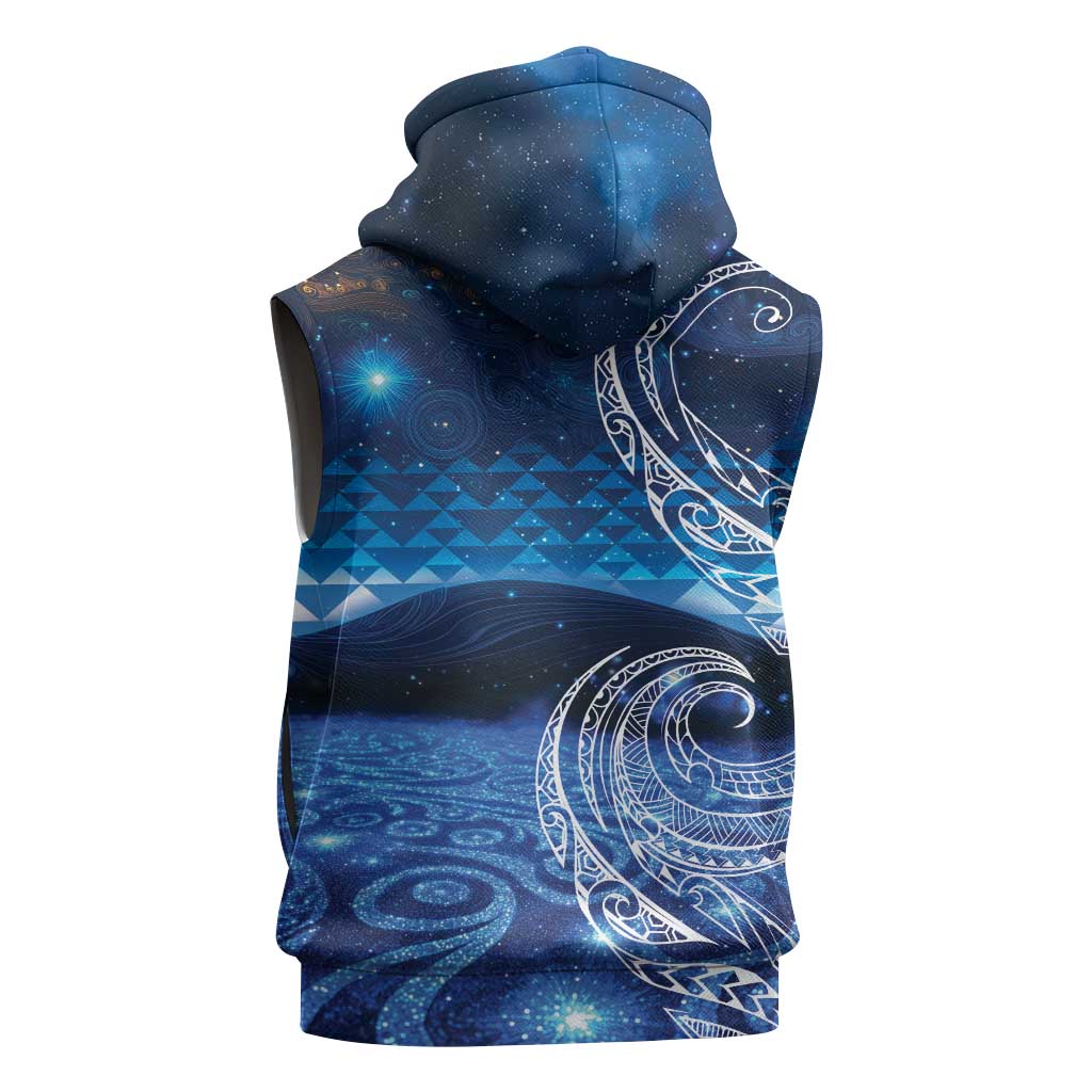 New Zealand Matariki Sleeveless Hoodie Taniko Aramoana With Koru Galaxy Sky Night - Aussie Hoodie