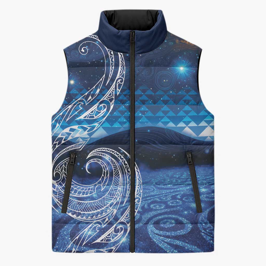 New Zealand Matariki Sleeveless Puffer Jacket Taniko Aramoana With Koru Galaxy Sky Night - Aussie Hoodie