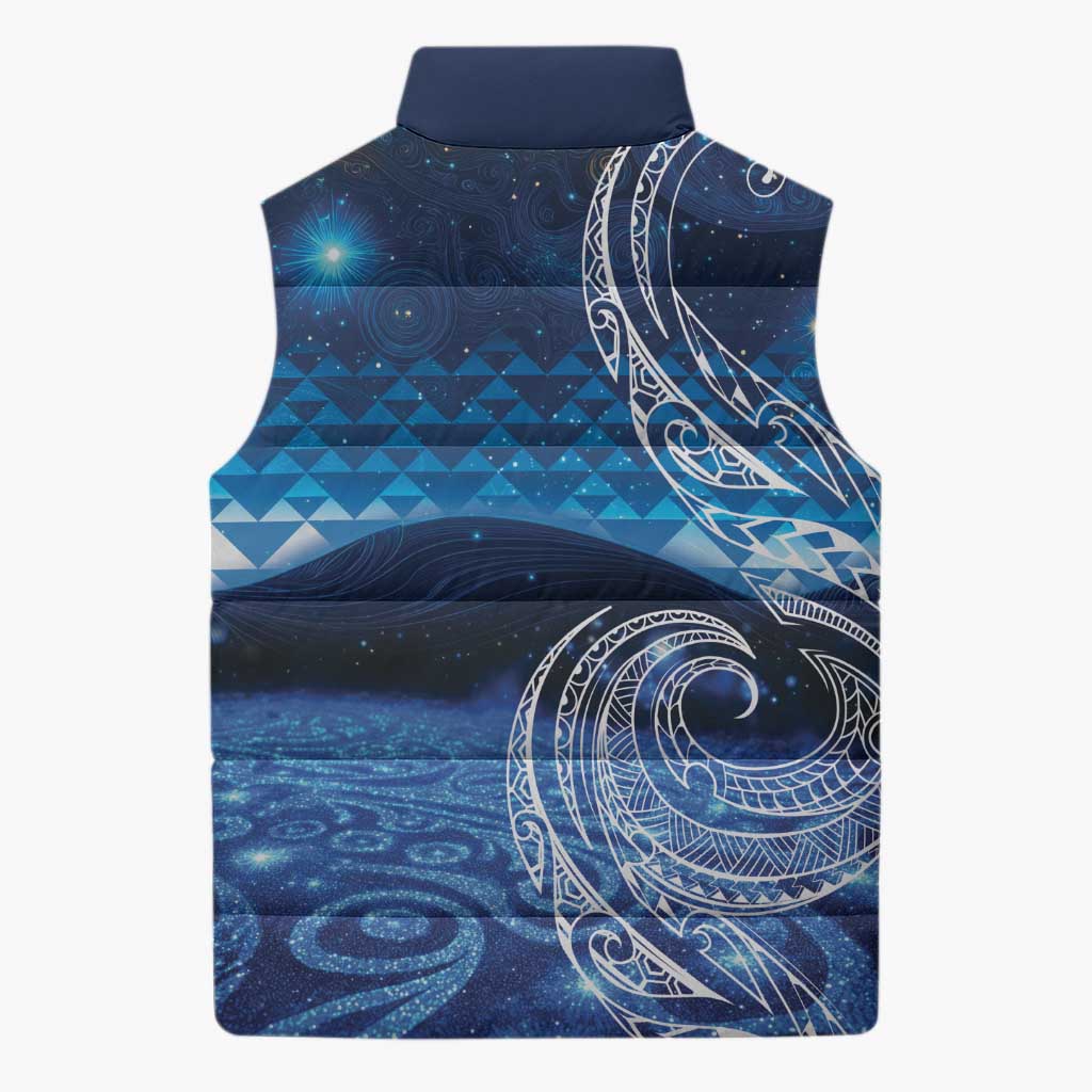 New Zealand Matariki Sleeveless Puffer Jacket Taniko Aramoana With Koru Galaxy Sky Night - Aussie Hoodie
