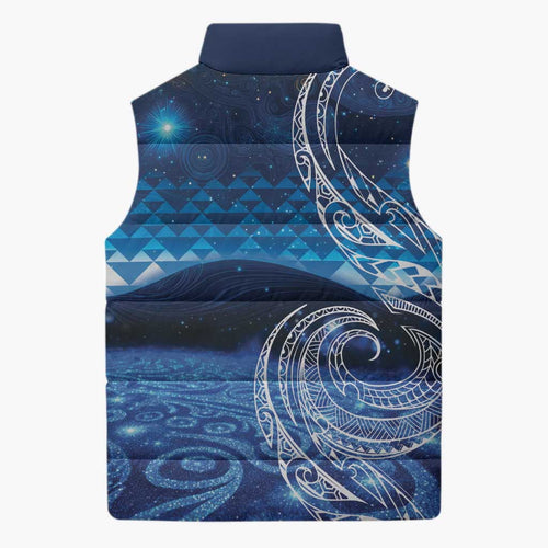 New Zealand Matariki Sleeveless Puffer Jacket Taniko Aramoana With Koru Galaxy Sky Night - Aussie Hoodie