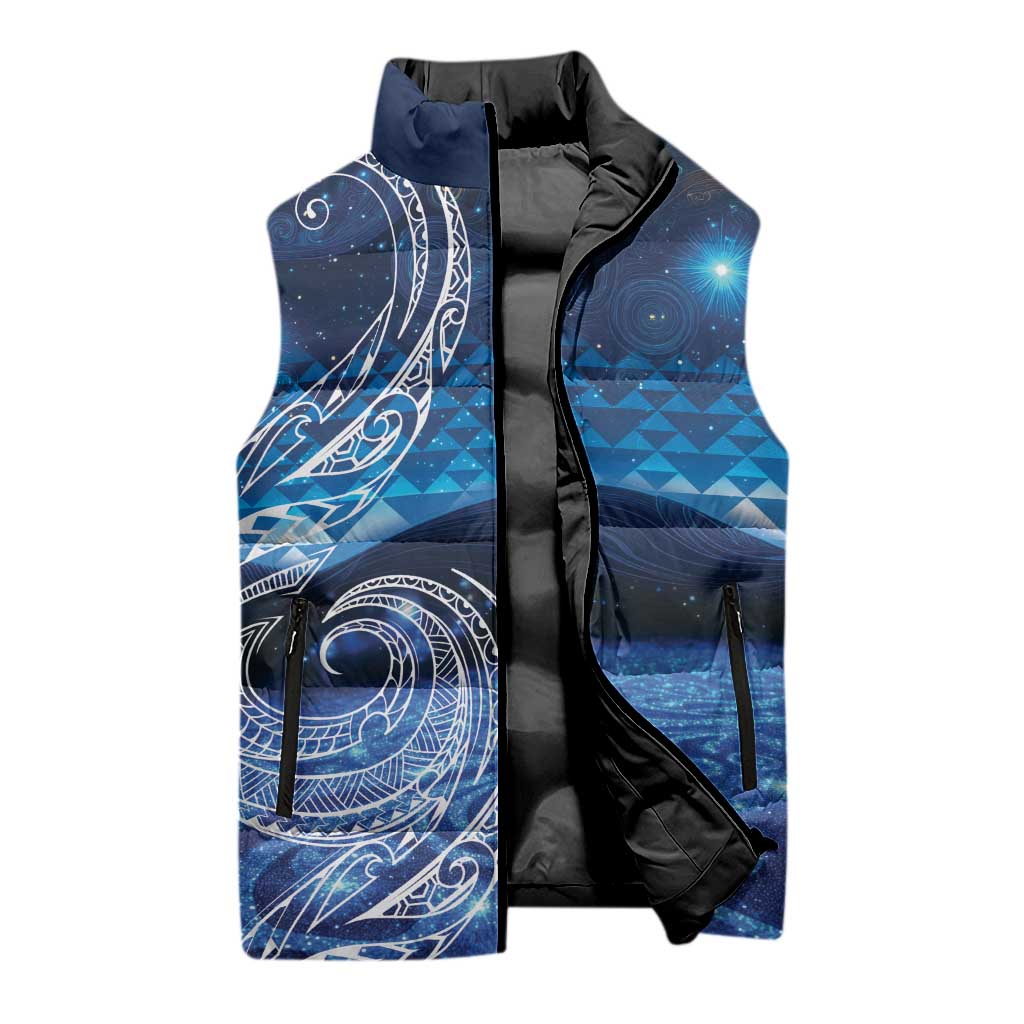 New Zealand Matariki Sleeveless Puffer Jacket Taniko Aramoana With Koru Galaxy Sky Night - Aussie Hoodie
