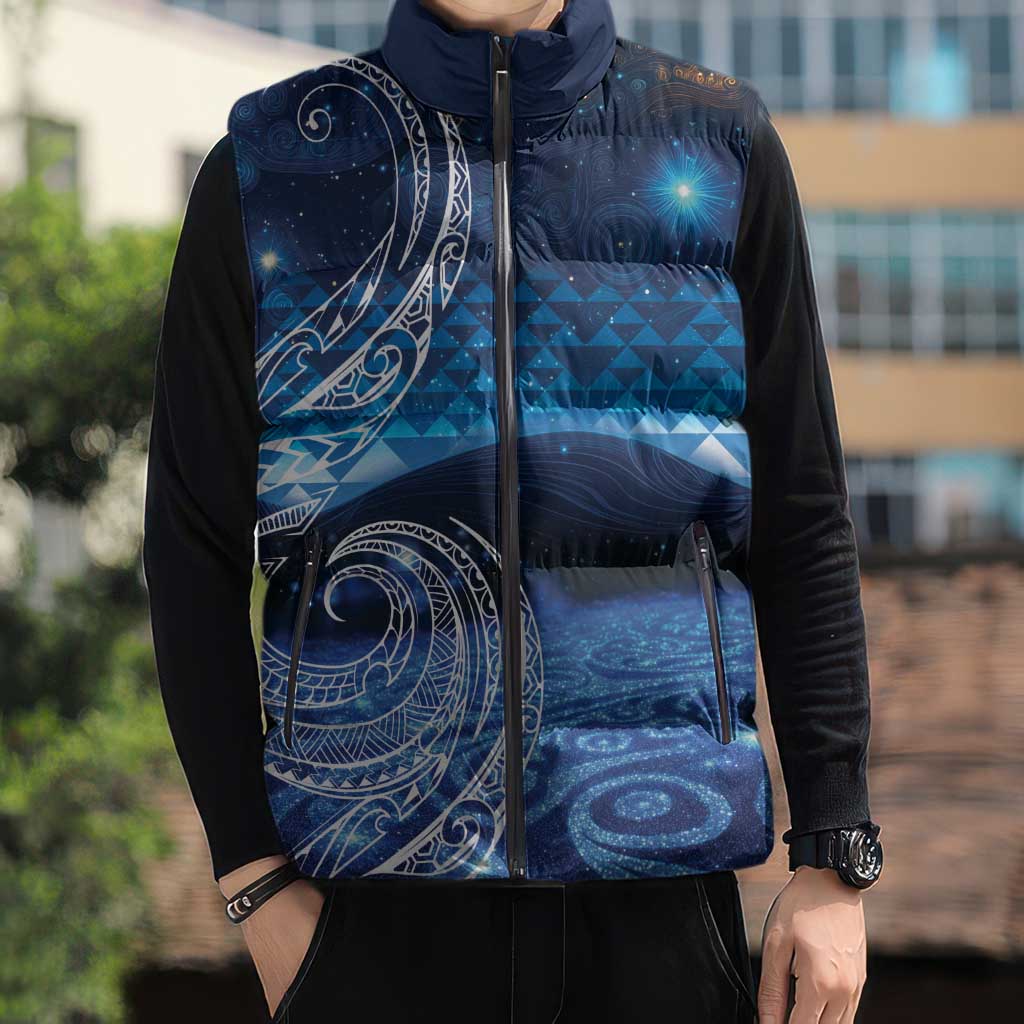 New Zealand Matariki Sleeveless Puffer Jacket Taniko Aramoana With Koru Galaxy Sky Night - Aussie Hoodie