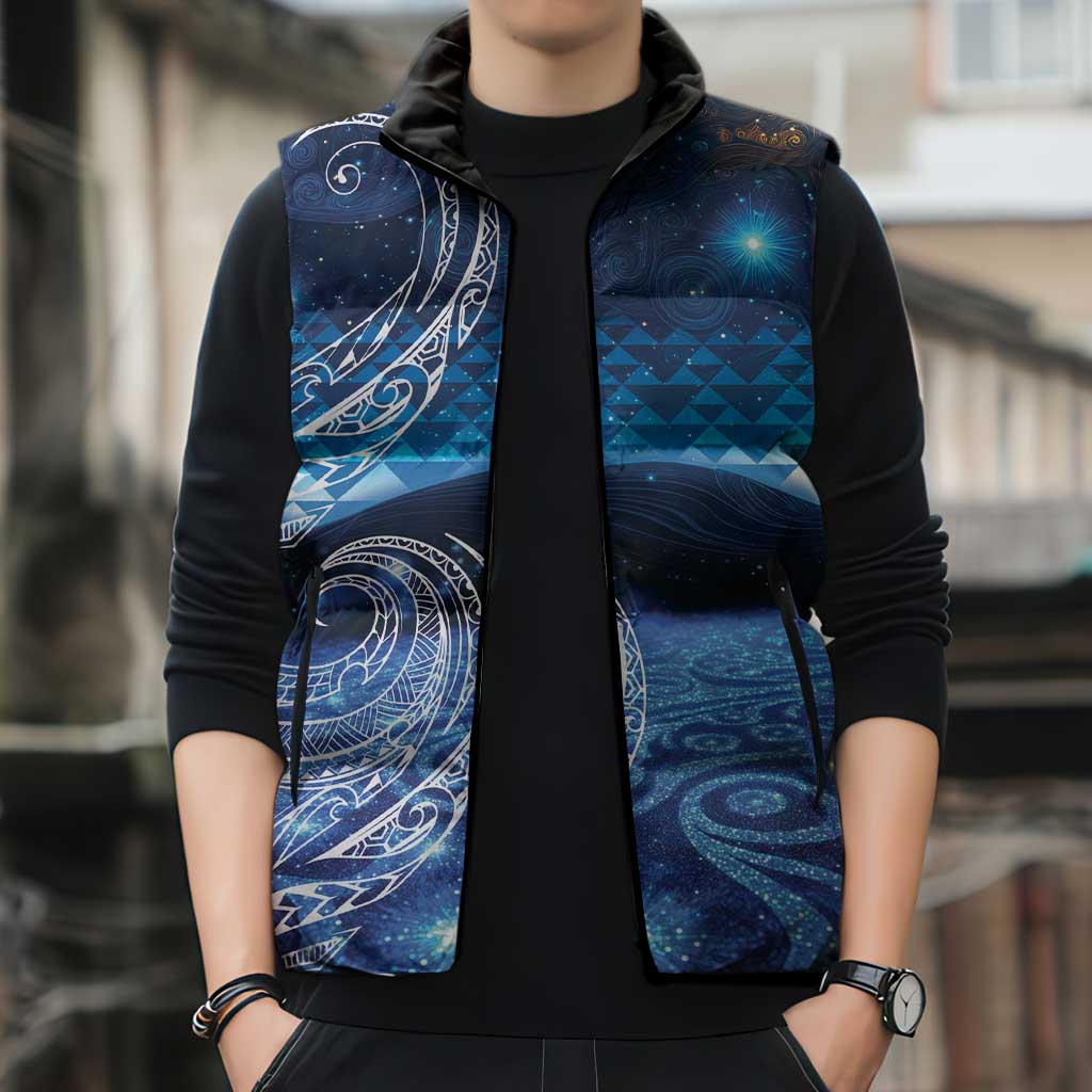 New Zealand Matariki Sleeveless Puffer Jacket Taniko Aramoana With Koru Galaxy Sky Night - Aussie Hoodie