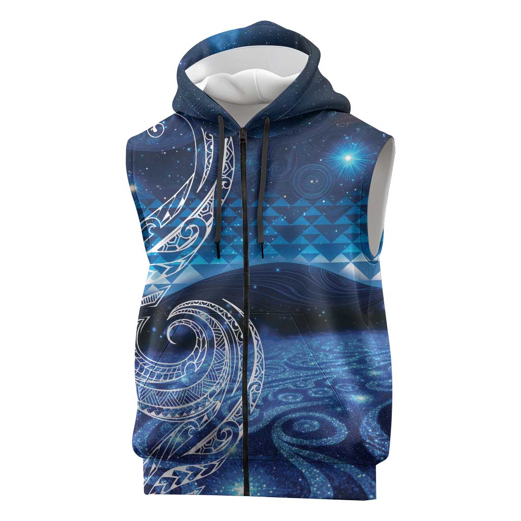 New Zealand Matariki Sleeveless Zip Hoodie Taniko Aramoana With Koru Galaxy Sky Night LT9