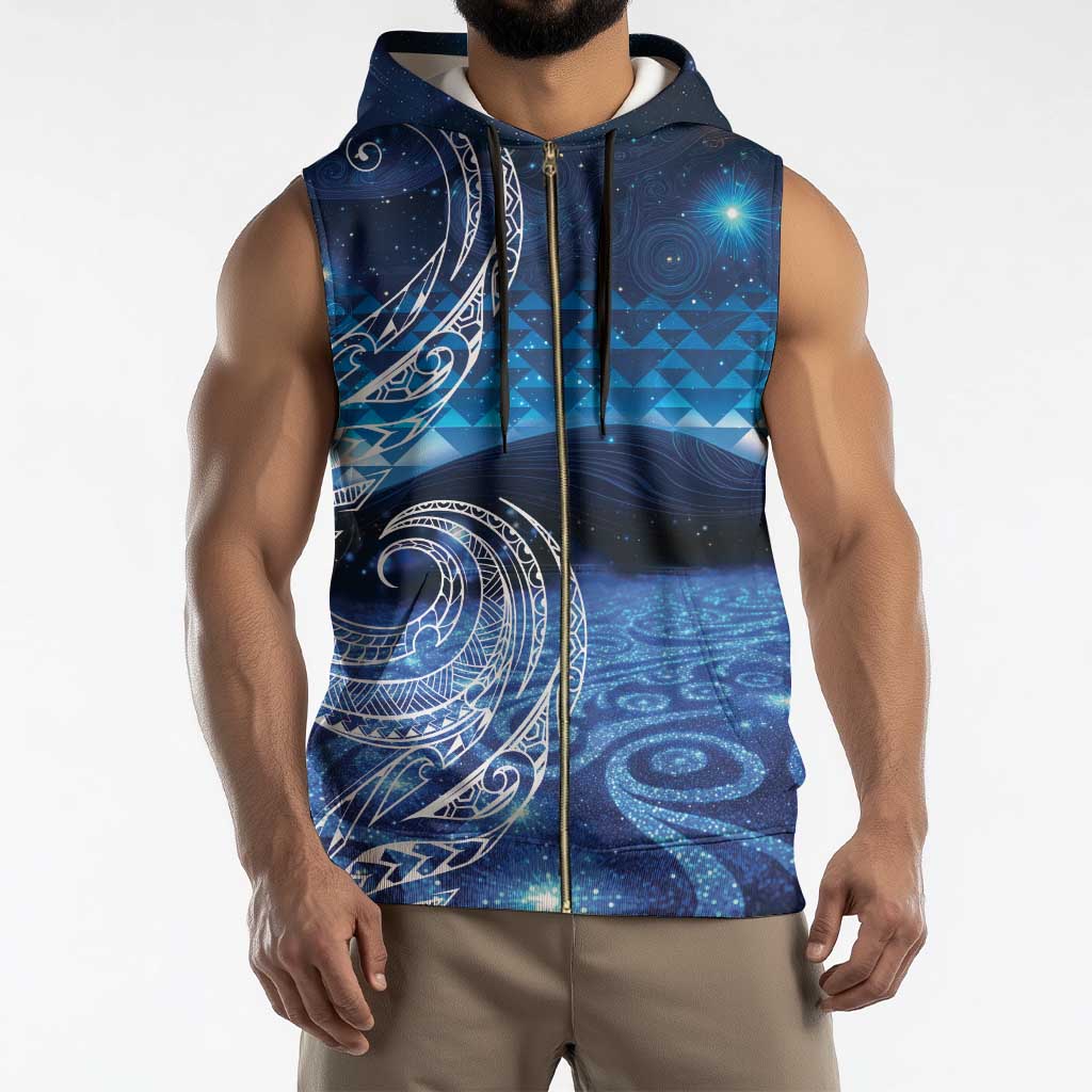 New Zealand Matariki Sleeveless Zip Hoodie Taniko Aramoana With Koru Galaxy Sky Night - Aussie Hoodie