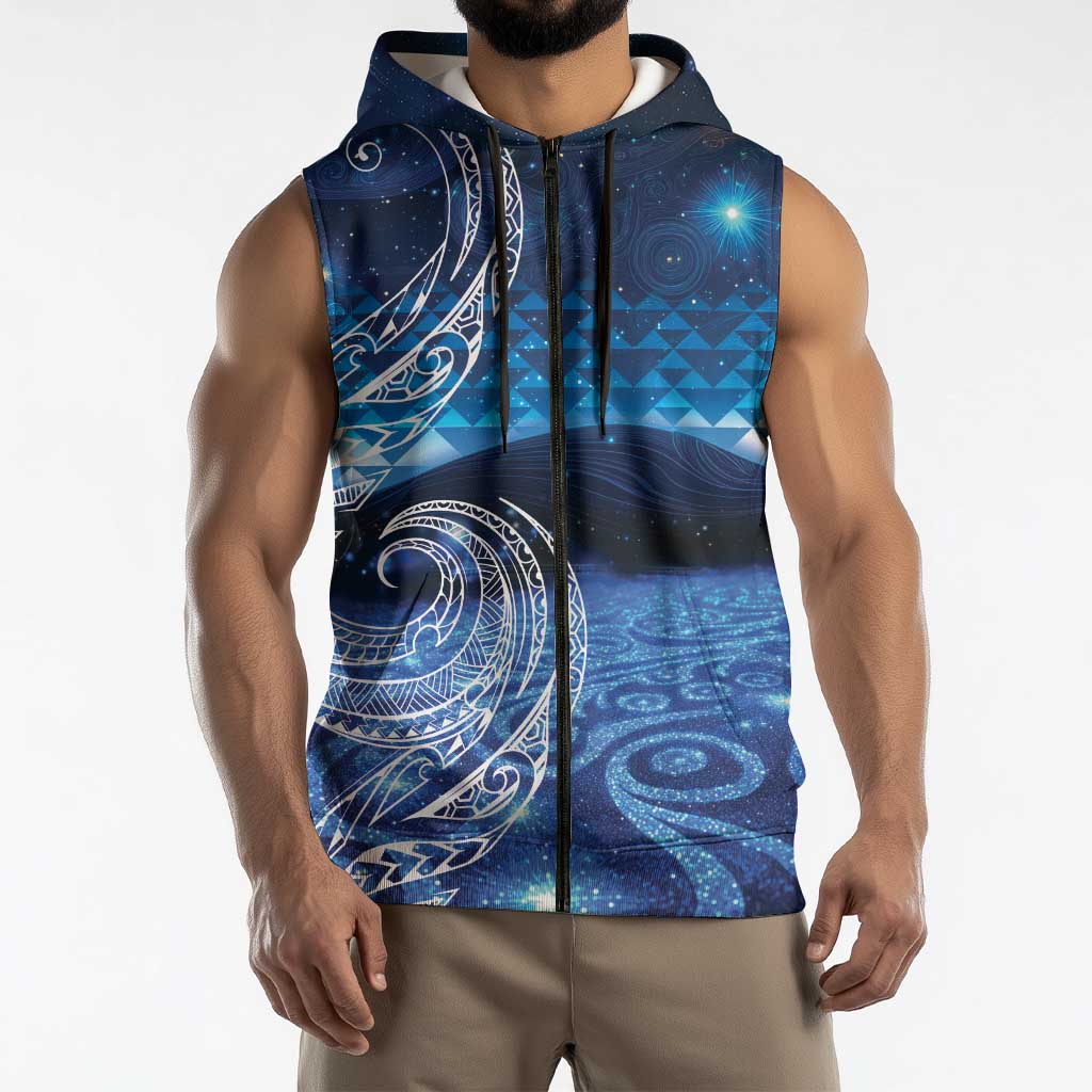 New Zealand Matariki Sleeveless Zip Hoodie Taniko Aramoana With Koru Galaxy Sky Night LT9