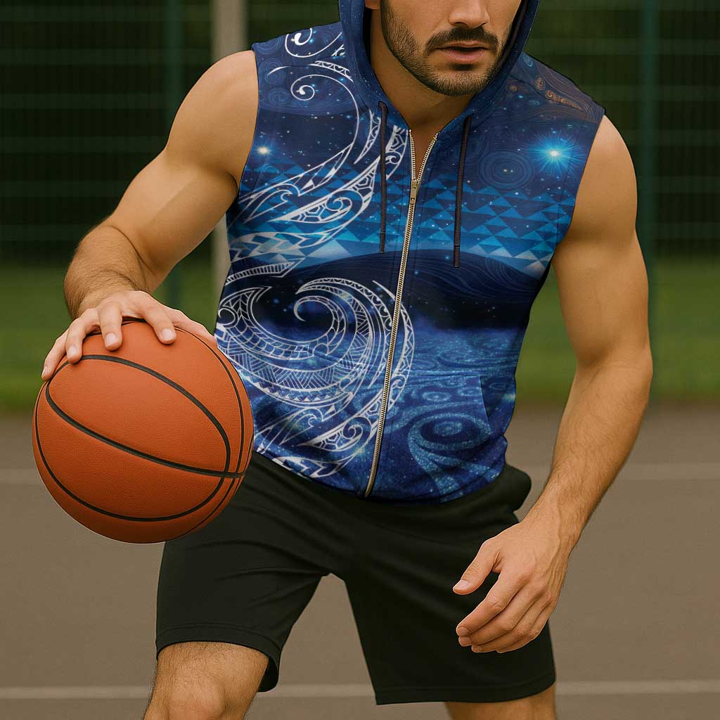 New Zealand Matariki Sleeveless Zip Hoodie Taniko Aramoana With Koru Galaxy Sky Night - Aussie Hoodie