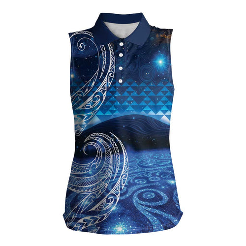 New Zealand Matariki Women Sleeveless Polo Shirt Taniko Aramoana With Koru Galaxy Sky Night