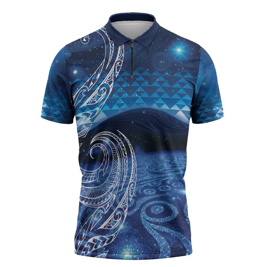 New Zealand Matariki Zipper Polo Shirt Taniko Aramoana With Koru Galaxy Sky Night - Aussie Hoodie