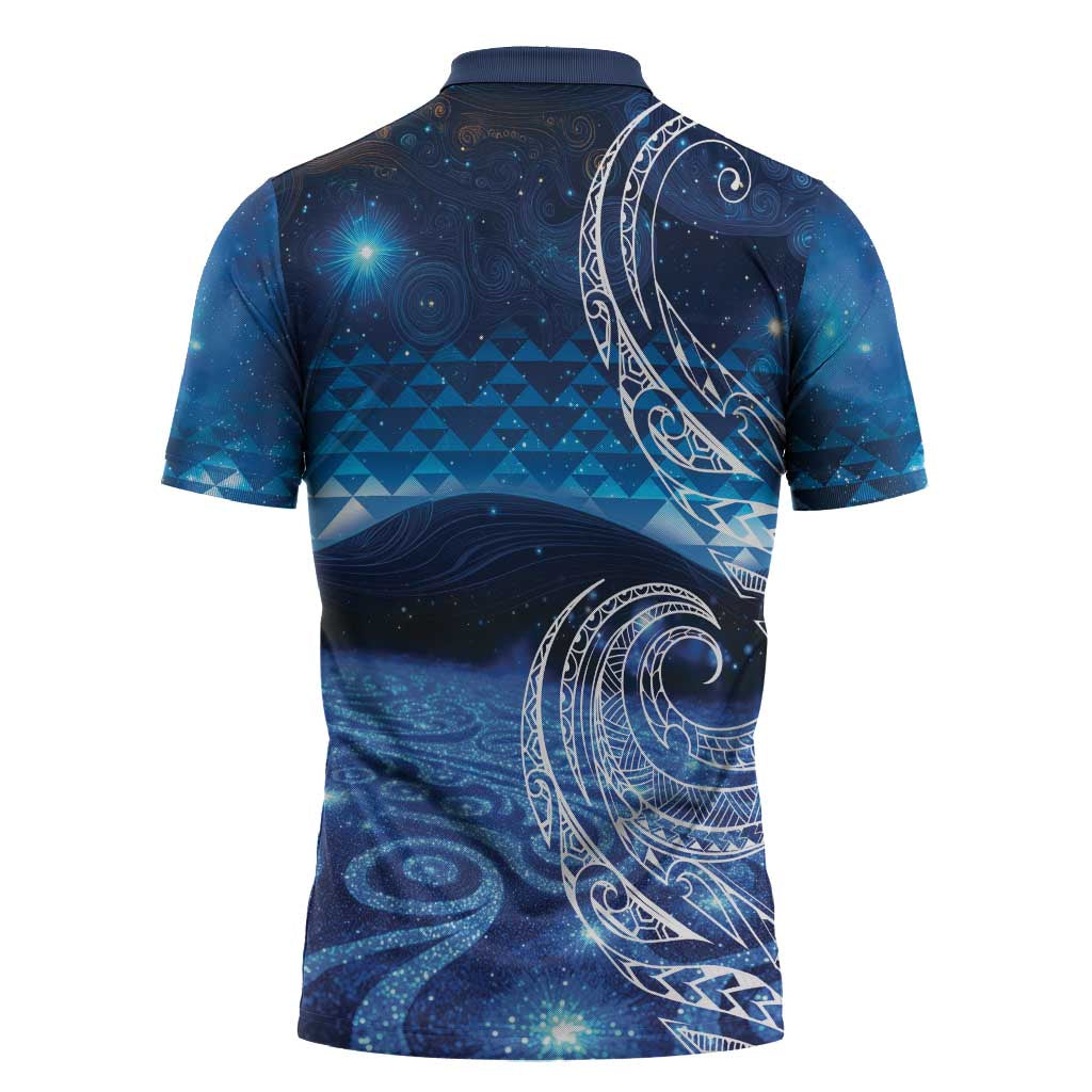 New Zealand Matariki Zipper Polo Shirt Taniko Aramoana With Koru Galaxy Sky Night - Aussie Hoodie