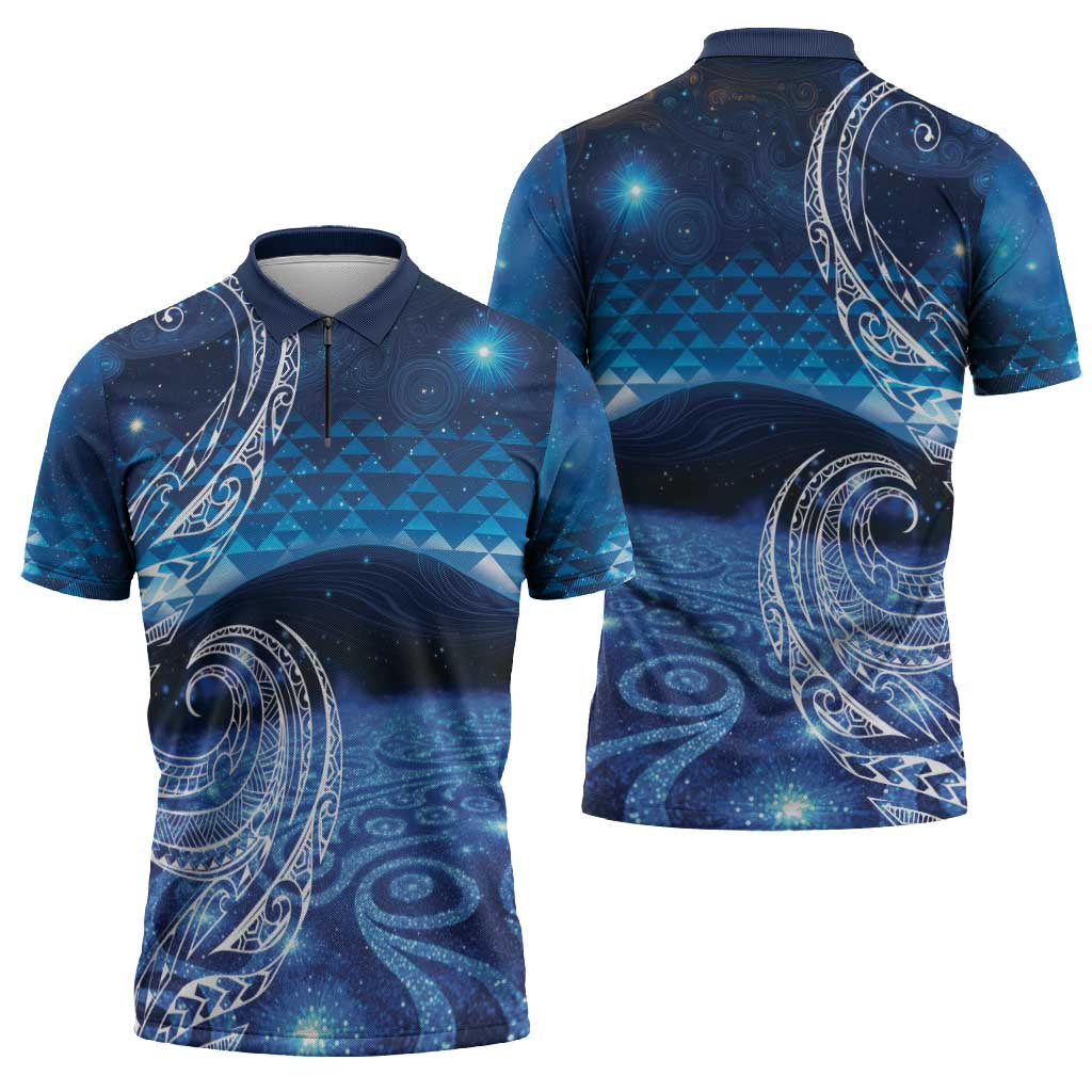 New Zealand Matariki Zipper Polo Shirt Taniko Aramoana With Koru Galaxy Sky Night - Aussie Hoodie