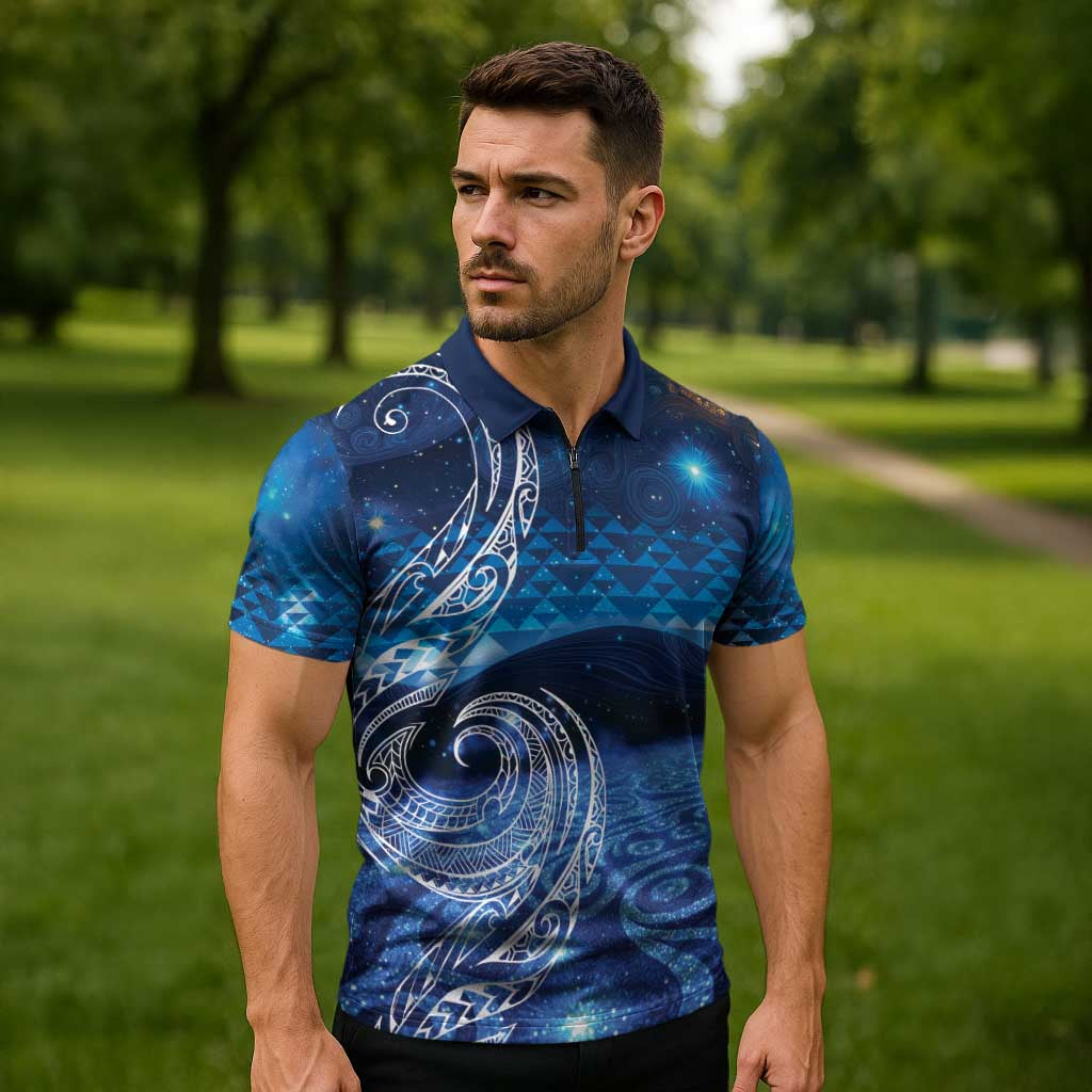 New Zealand Matariki Zipper Polo Shirt Taniko Aramoana With Koru Galaxy Sky Night - Aussie Hoodie