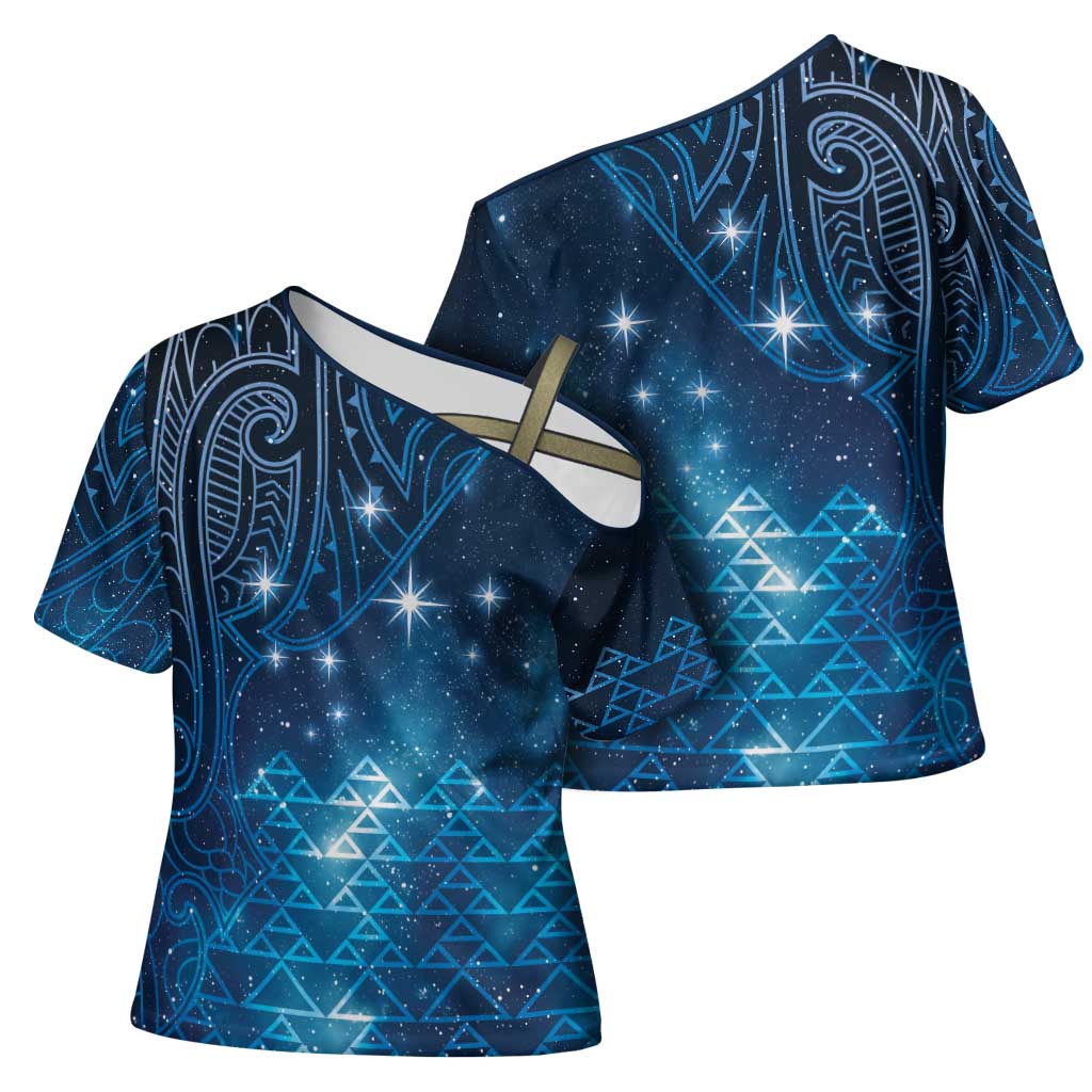 New Zealand Matariki Cross Shoulder Shirt Taniko Aramoana With Maori Galaxy Sky Night - Aussie Hoodie