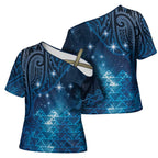 New Zealand Matariki Cross Shoulder Shirt Taniko Aramoana With Maori Galaxy Sky Night - Aussie Hoodie