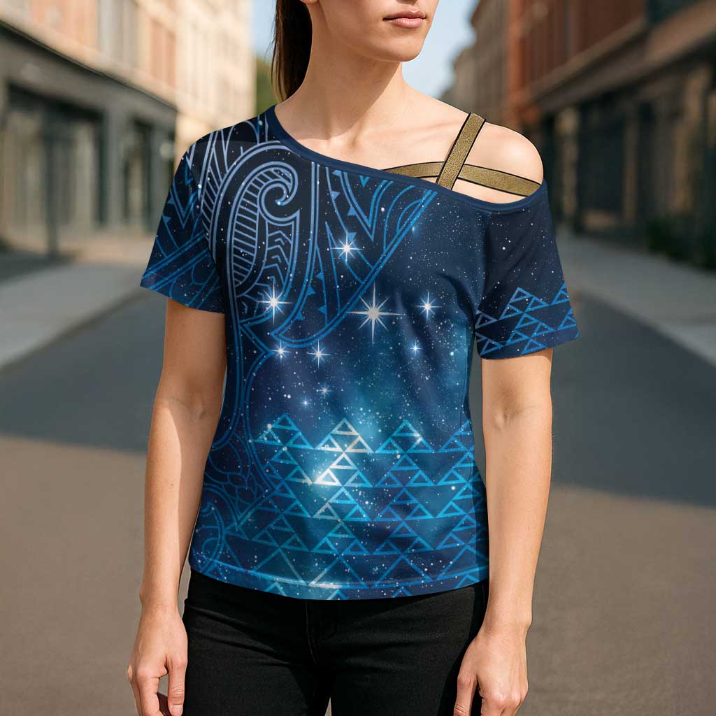 New Zealand Matariki Cross Shoulder Shirt Taniko Aramoana With Maori Galaxy Sky Night - Aussie Hoodie