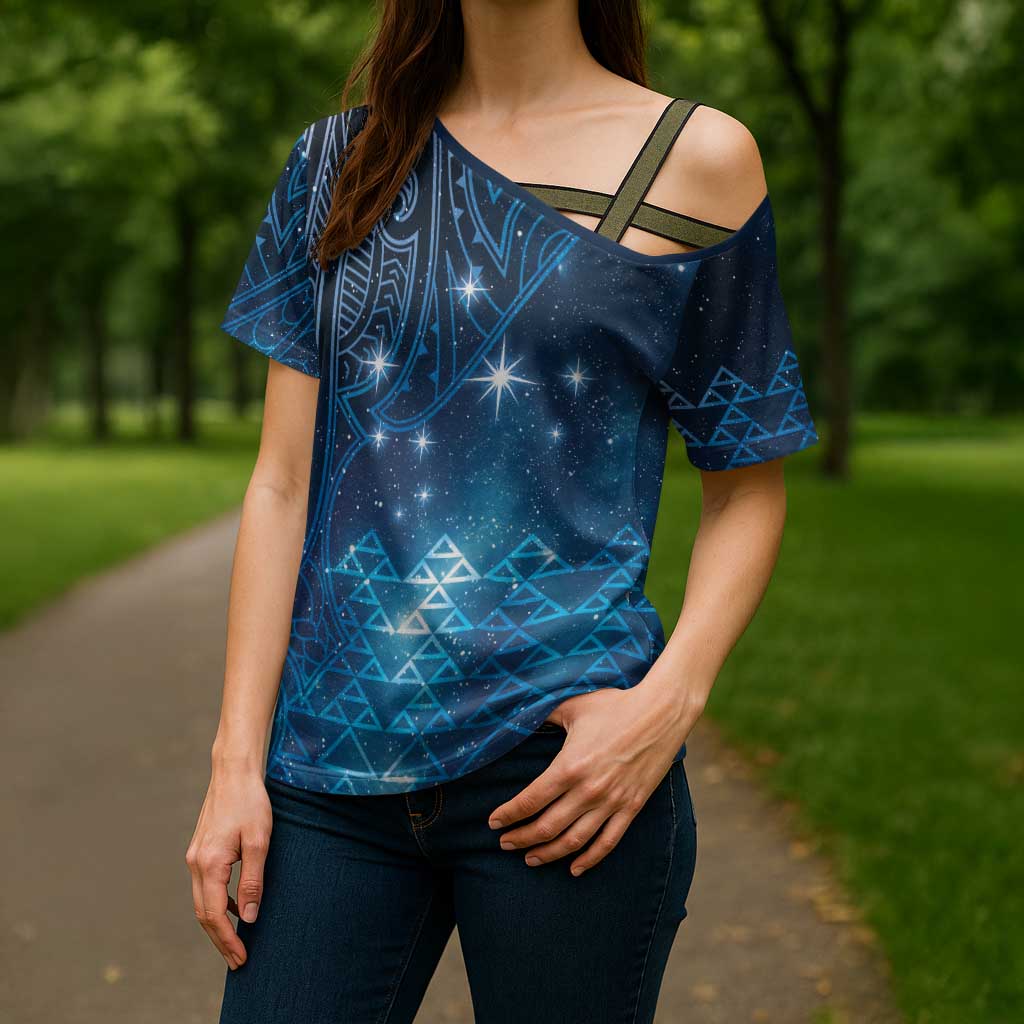 New Zealand Matariki Cross Shoulder Shirt Taniko Aramoana With Maori Galaxy Sky Night - Aussie Hoodie