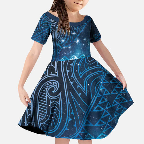 New Zealand Matariki Family Matching Off The Shoulder Long Sleeve Dress and Hawaiian Shirt Taniko Aramoana With Maori Galaxy Sky Night