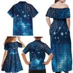 New Zealand Matariki Family Matching Off Shoulder Maxi Dress and Hawaiian Shirt Taniko Aramoana With Maori Galaxy Sky Night