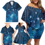 New Zealand Matariki Family Matching Off Shoulder Short Dress and Hawaiian Shirt Taniko Aramoana With Maori Galaxy Sky Night
