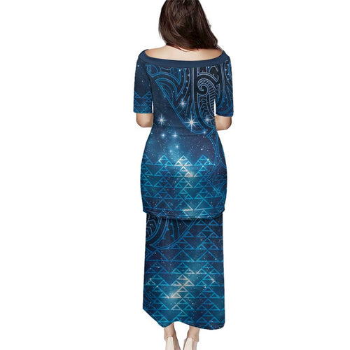 New Zealand Matariki Family Matching Puletasi and Hawaiian Shirt Taniko Aramoana With Maori Galaxy Sky Night