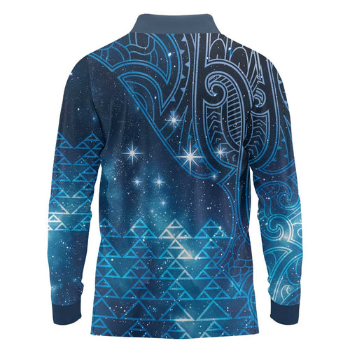 New Zealand Matariki Long Sleeve Polo Shirt Taniko Aramoana With Maori Galaxy Sky Night