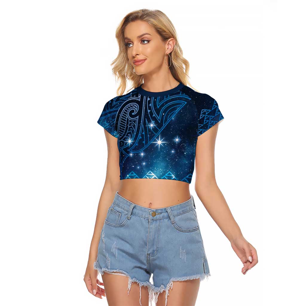 New Zealand Matariki Raglan Cropped T Shirt Taniko Aramoana With Maori Galaxy Sky Night