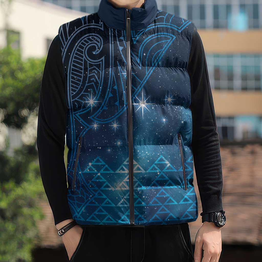 New Zealand Matariki Sleeveless Puffer Jacket Taniko Aramoana With Maori Galaxy Sky Night - Aussie Hoodie