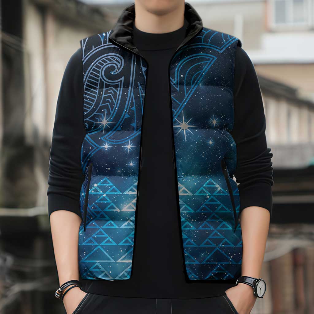 New Zealand Matariki Sleeveless Puffer Jacket Taniko Aramoana With Maori Galaxy Sky Night - Aussie Hoodie