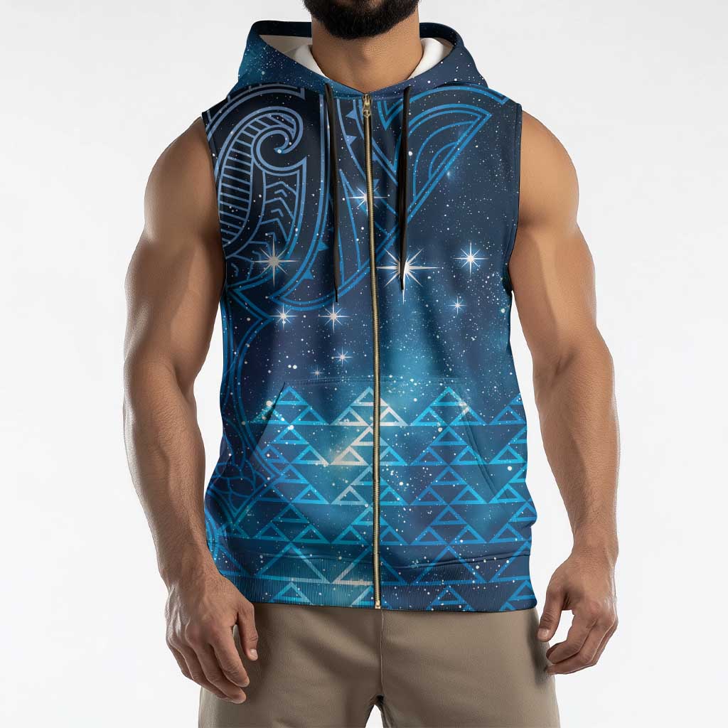 New Zealand Matariki Sleeveless Zip Hoodie Taniko Aramoana With Maori Galaxy Sky Night - Aussie Hoodie