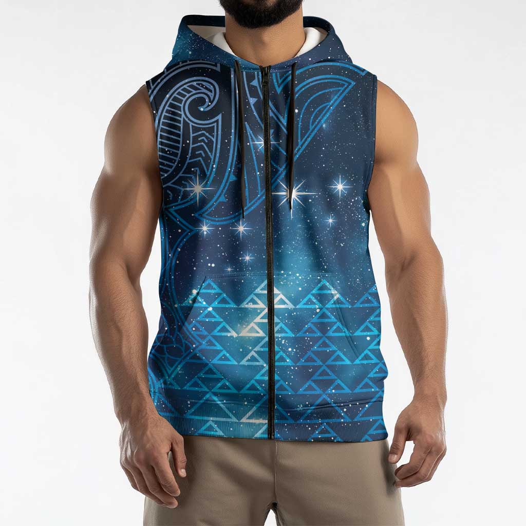 New Zealand Matariki Sleeveless Zip Hoodie Taniko Aramoana With Maori Galaxy Sky Night LT9