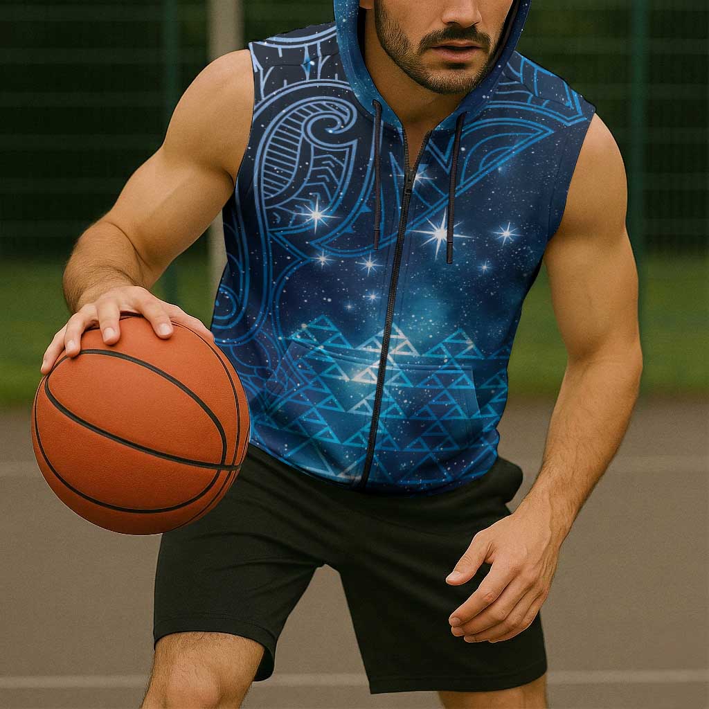 New Zealand Matariki Sleeveless Zip Hoodie Taniko Aramoana With Maori Galaxy Sky Night LT9