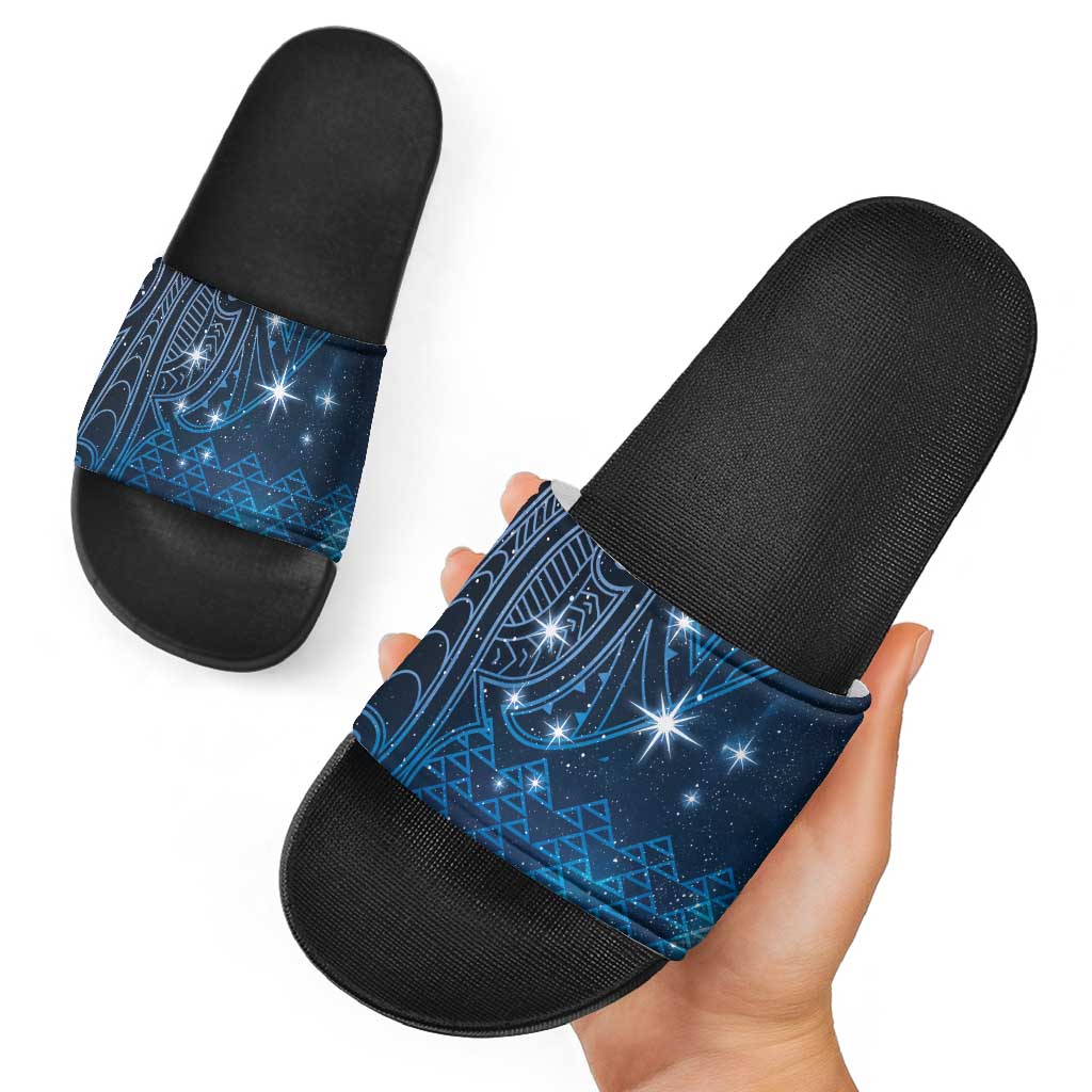 New Zealand Matariki Slide Sandals Taniko Aramoana With Maori Galaxy Sky Night - Aussie Hoodie