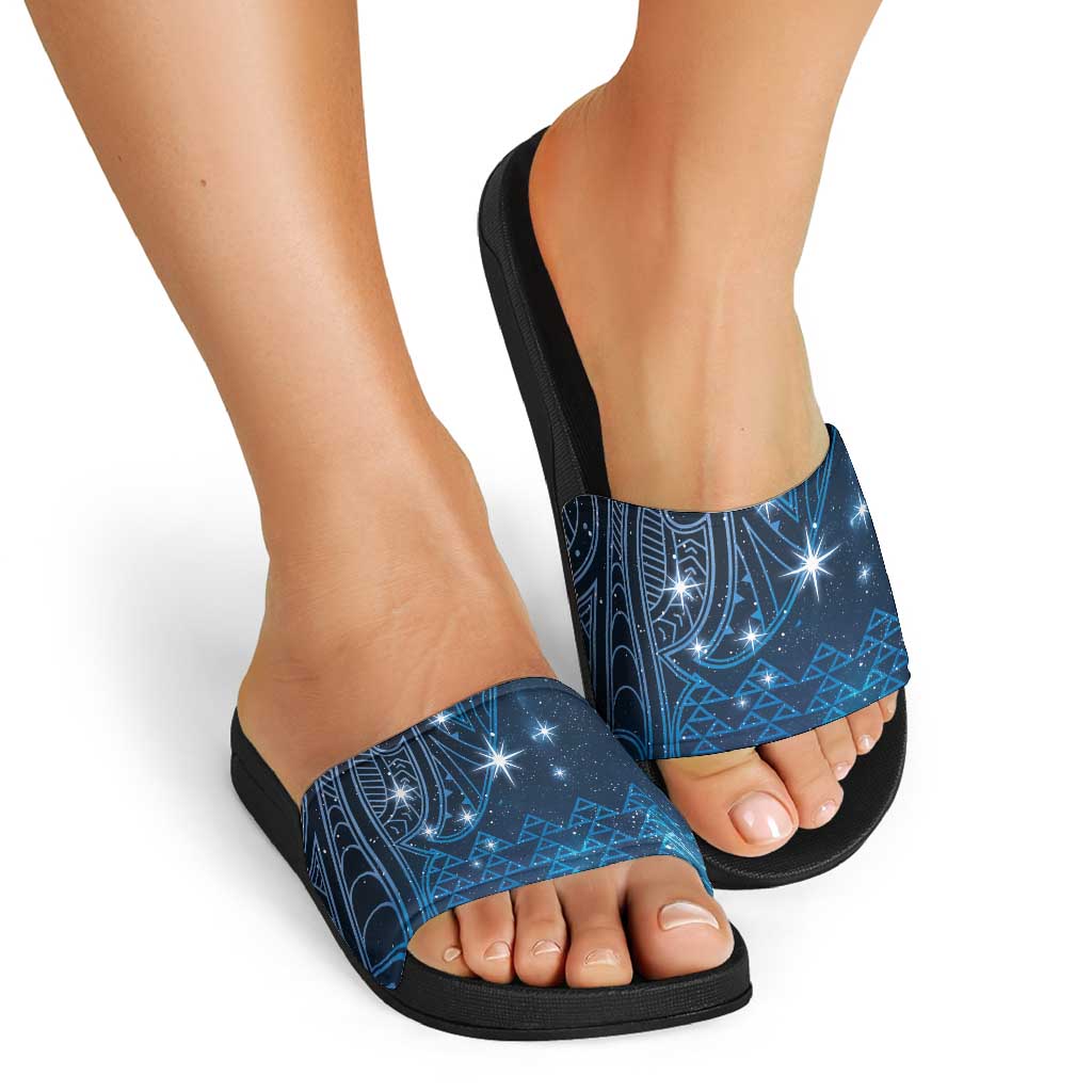 New Zealand Matariki Slide Sandals Taniko Aramoana With Maori Galaxy Sky Night - Aussie Hoodie