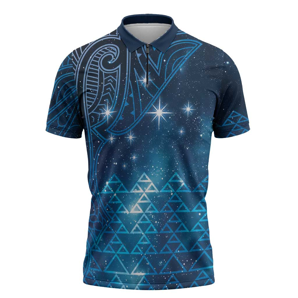 New Zealand Matariki Zipper Polo Shirt Taniko Aramoana With Maori Galaxy Sky Night - Aussie Hoodie