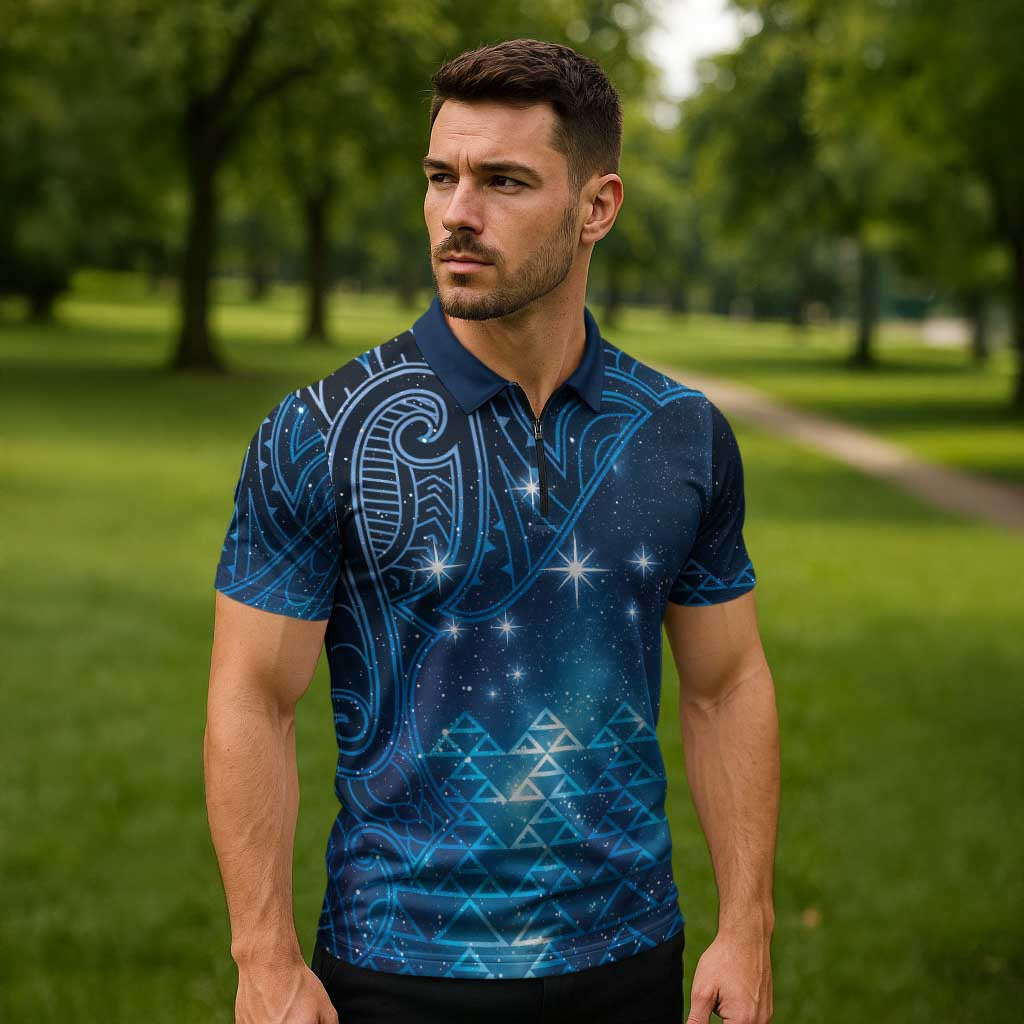 New Zealand Matariki Zipper Polo Shirt Taniko Aramoana With Maori Galaxy Sky Night - Aussie Hoodie