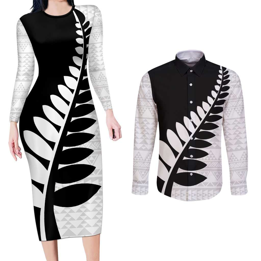 New Zealand Silver Fern Niho Taniwha Couples Matching Long Sleeve Bodycon Dress and Long Sleeve Button Shirt