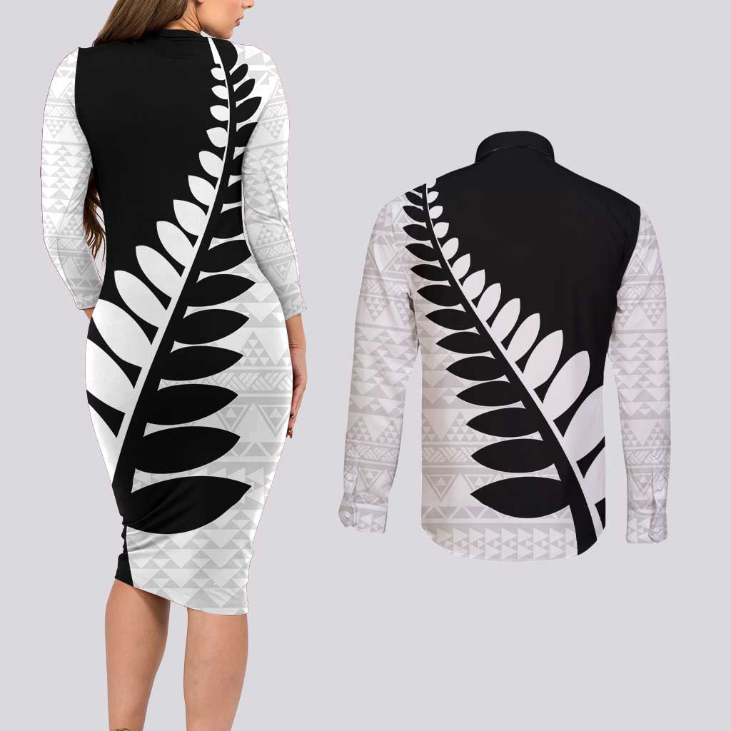 New Zealand Silver Fern Niho Taniwha Couples Matching Long Sleeve Bodycon Dress and Long Sleeve Button Shirt