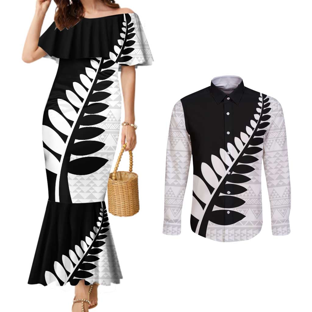 New Zealand Silver Fern Niho Taniwha Couples Matching Mermaid Dress and Long Sleeve Button Shirt