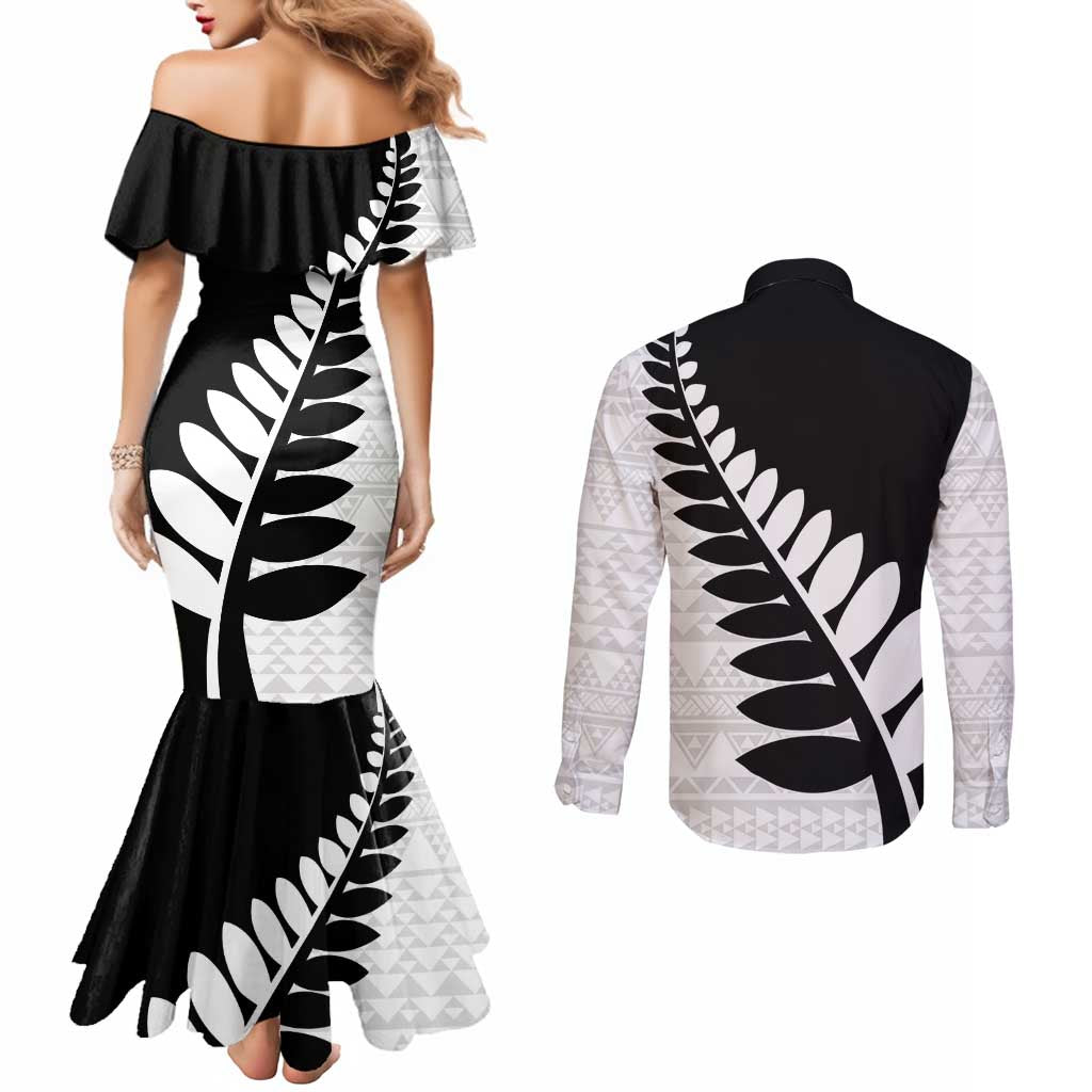 New Zealand Silver Fern Niho Taniwha Couples Matching Mermaid Dress and Long Sleeve Button Shirt