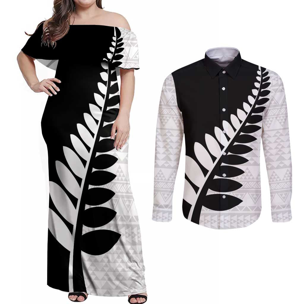 New Zealand Silver Fern Niho Taniwha Couples Matching Off Shoulder Maxi Dress and Long Sleeve Button Shirt