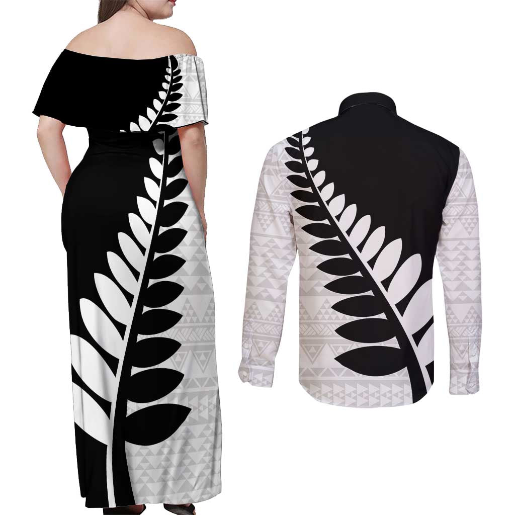 New Zealand Silver Fern Niho Taniwha Couples Matching Off Shoulder Maxi Dress and Long Sleeve Button Shirt