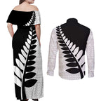 New Zealand Silver Fern Niho Taniwha Couples Matching Off Shoulder Maxi Dress and Long Sleeve Button Shirt